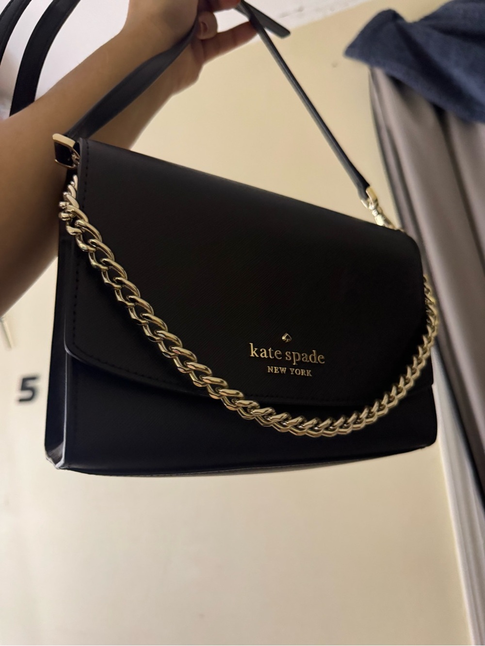 kate spade Black Leather Shoulder Bag with Gold Chain